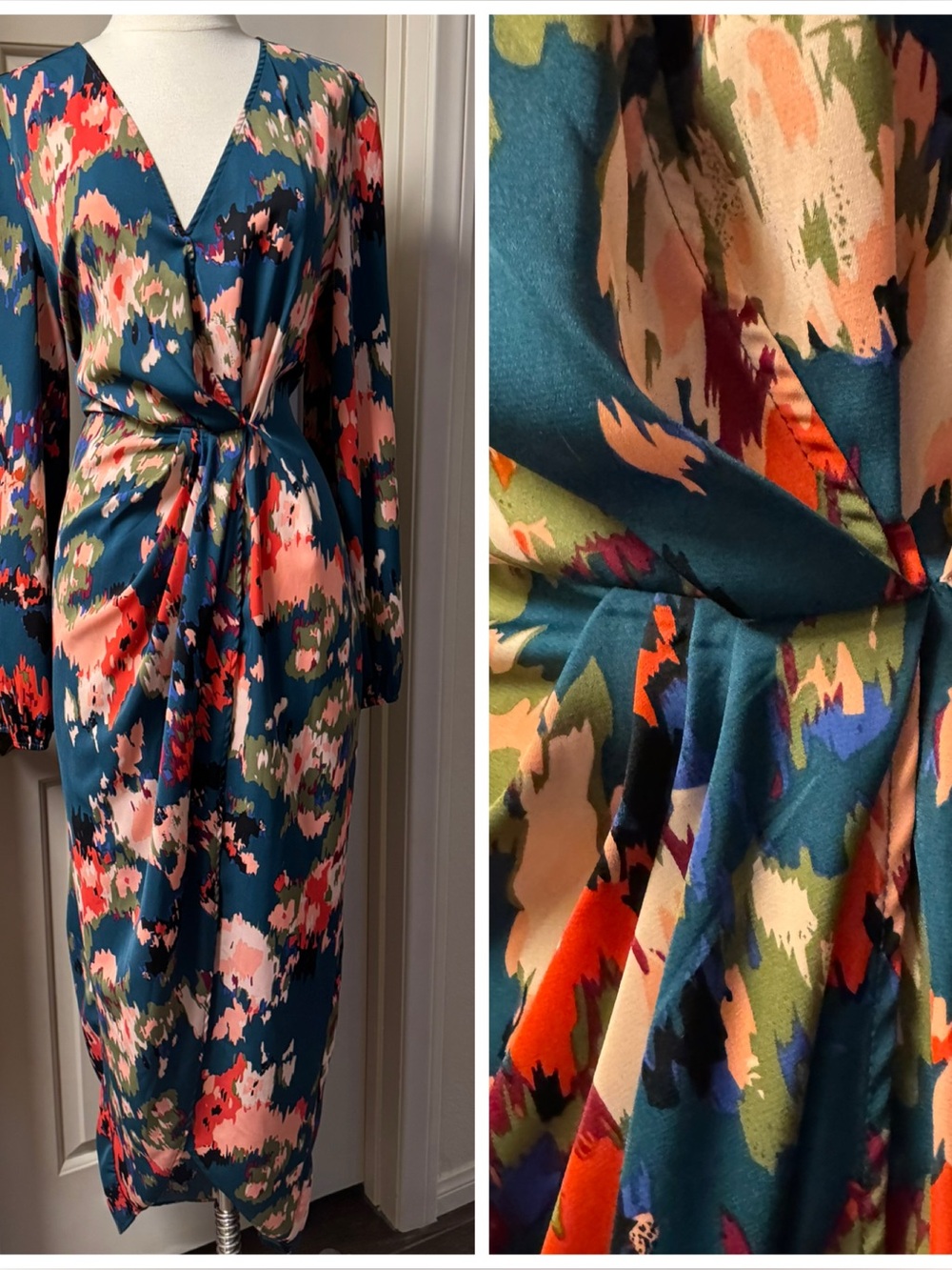 Deep Teal Abstract Pattern Faux Wrap Midi Dress - Women
